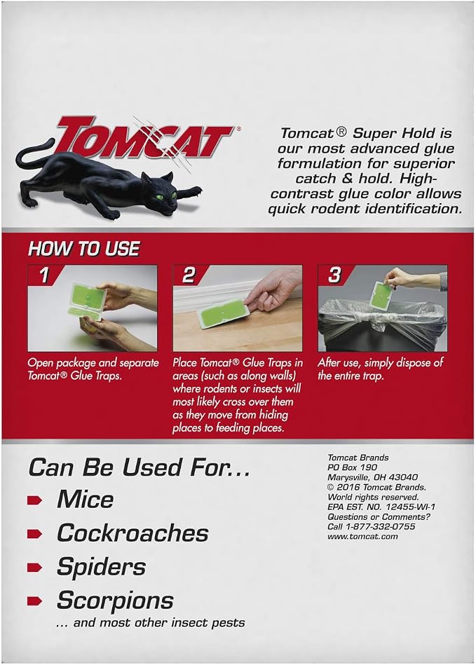Tomcat Super Hold Glue Traps Mouse Size, 3-Pack (12 Glue Traps) | For Mice, Cockroaches, Spiders, and Scorpions, Ready-To-Use, 3 Packages Each with 4 Glue Traps