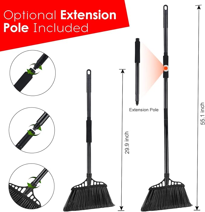 Tiumso 3-Pack Heavy Duty Broom, Commercial Broom with 55" Long Handle Outdoor Indoor, Industrial Brooms for Sweeping Garage Concrete Courtyard Patio Home Kitchen Office - All Black