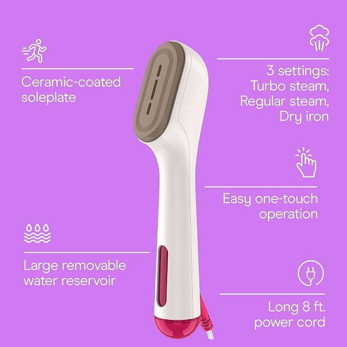 Conair 2-in-1 Steam & Iron Garment Wand, Portable Handheld Fabric Steamer with Ceramic Soleplate, 25-Second Heat-Up, 12-Minute Steam Time, Butter/Berry, GS47BB