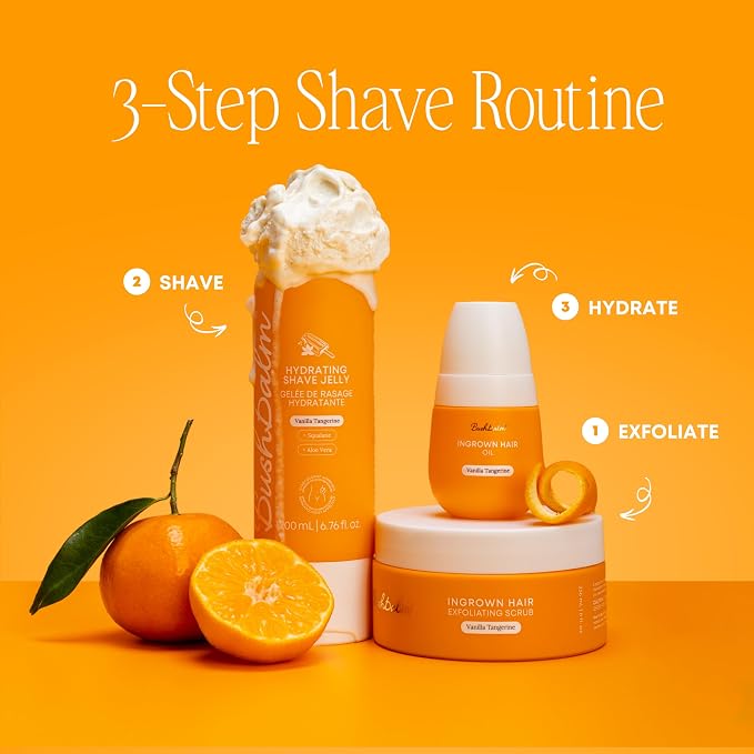 Bushbalm Shaving and Ingrown Hair 3 Step Routine – Reduce Razor Bumps & Hydrate – Shave Jelly, Ingrown Hair Oil and Exfoliating Scrub – Vanilla Tangerine