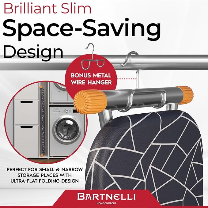 Bartnelli Compact Ironing Board, 13x43 Space-Saving Steel Foldable Iron Board, 4 Layer Cotton Cover, Adjustable Height, Bonus Hanger and Silicone Iron Pad
