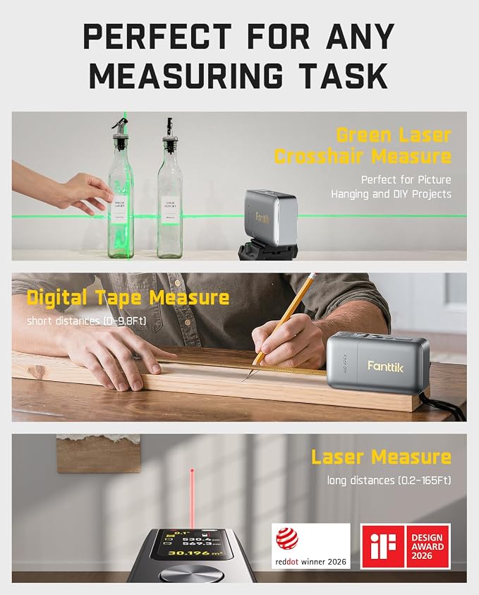 Fanttik A10 Apex 3-in-1 Digital Laser Tape Measure with HD Color Display, 165Ft Rechargeable Laser Measurement & 32Ft Green Cross Line Laser & 9.8Ft Tape, 6 Units, for Distance/Area/Volume/Leveling