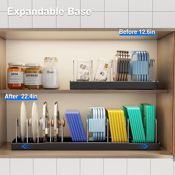 Mustorn Pots and Pans Organizer Under Cabinet, 22" Expandable Food Storage Container Lid Organizers with 9 Adjustable Dividers Pot and Pan Lid Holders Rack Inside Cabinet/Countertop(1 Pack, Black)