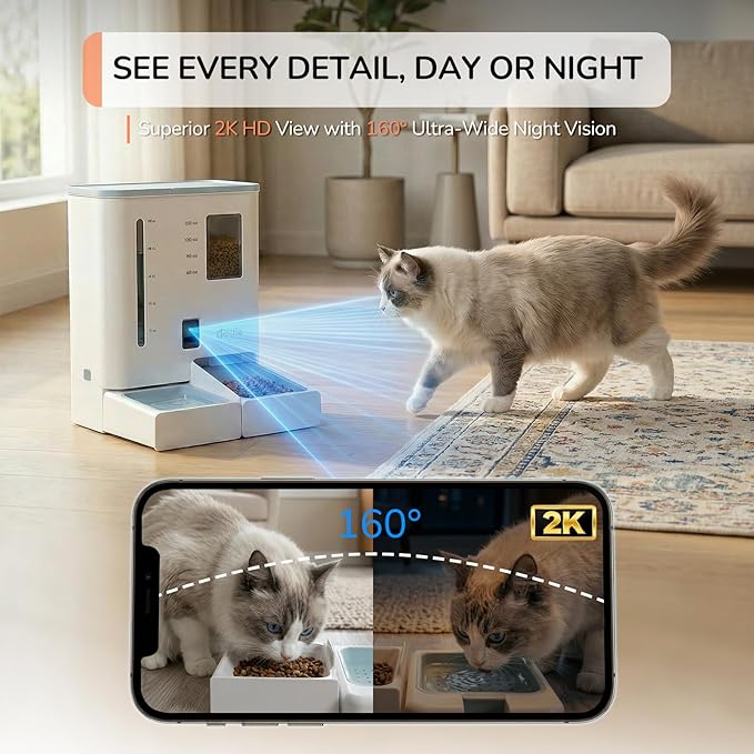 iPettie Camera Automatic Cat Feeder and Water Dispenser, 5G/2.4GHz WiFi | 2K HD Video, Night Vision, APP Scheduling & Alerts, 1 Filter Included, 300oz Large Capacity for 2 Weeks, FW54 Camera Version