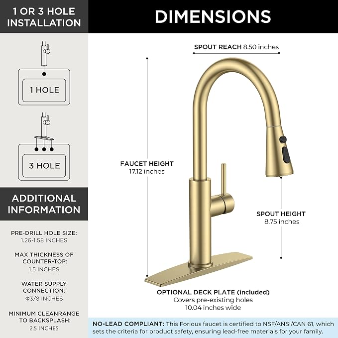 FORIOUS Kitchen Faucet with Pull Down Sprayer, High Arc Single Handle, Gold | Stainless Steel Single Lever Kitchen Sink Faucet 1 or 3 Hole, Suitable for Farmhouse, Camper, Laundry Room, Rv, Outdoor