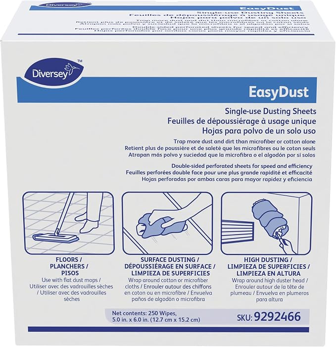 Diversey 9292466 EasyDust Single-use Dusting Sheets, Disposable Multisurface Cleaning Wipes for Floors, Dust Wipes Trap Dirt, Unscented 5x6-inch Sheets, 250-Sheets, 1-Box (Pack of 6)
