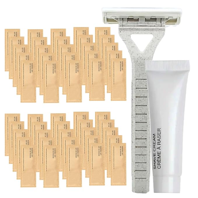 World Amenities Kraft Paper Shave Kit - Bulk Homeless Care Package - Dual Blade Safety Razor and Shave Cream Set (50 Pack)