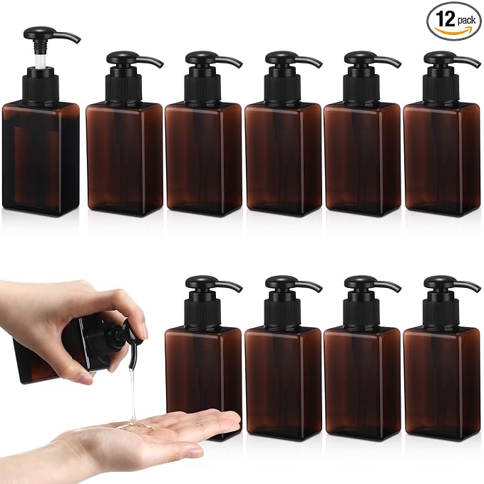 Domensi 12 Pcs 100ml /3.4 oz Pump Bottle Mini Travel Bottles Small Dispenser Containers Plastic Pump Lotion Dispenser Empty Square Travel Size Containers Toiletries (Brown)