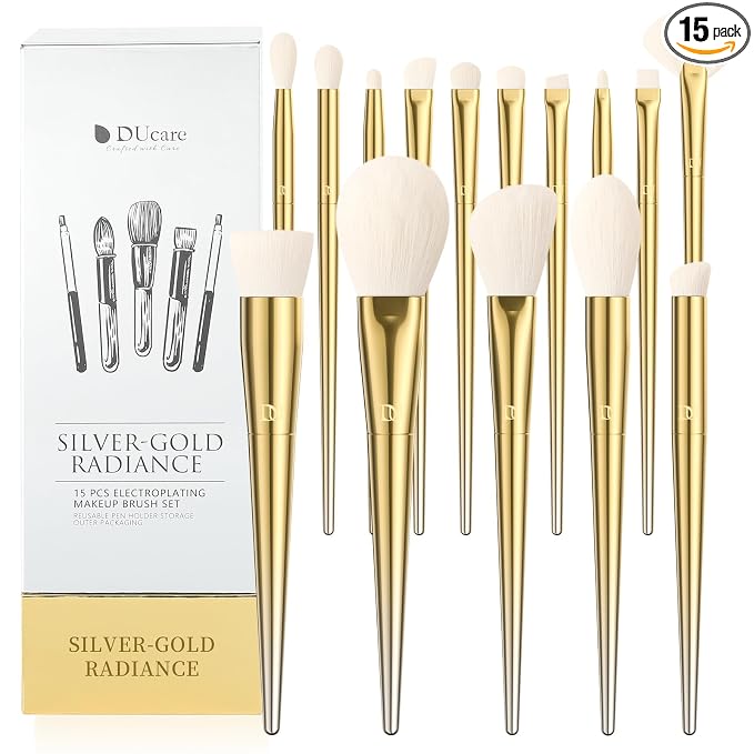 DUcare 15 Piece Professional Makeup Brush Set | Silver-Gold Radiance Synthetic Brushes for Full Face Eye, Complete Cosmetic Kit with Reusable Storage Holder
