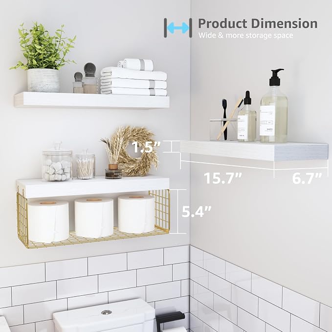 QEEIG Bathroom Shelves Over Toilet - Wall Mounted Floating Shelves Toilet Paper Storage Small Modern Decor Shelf 16 inch Set of 3, White and Gold (019-WG3)