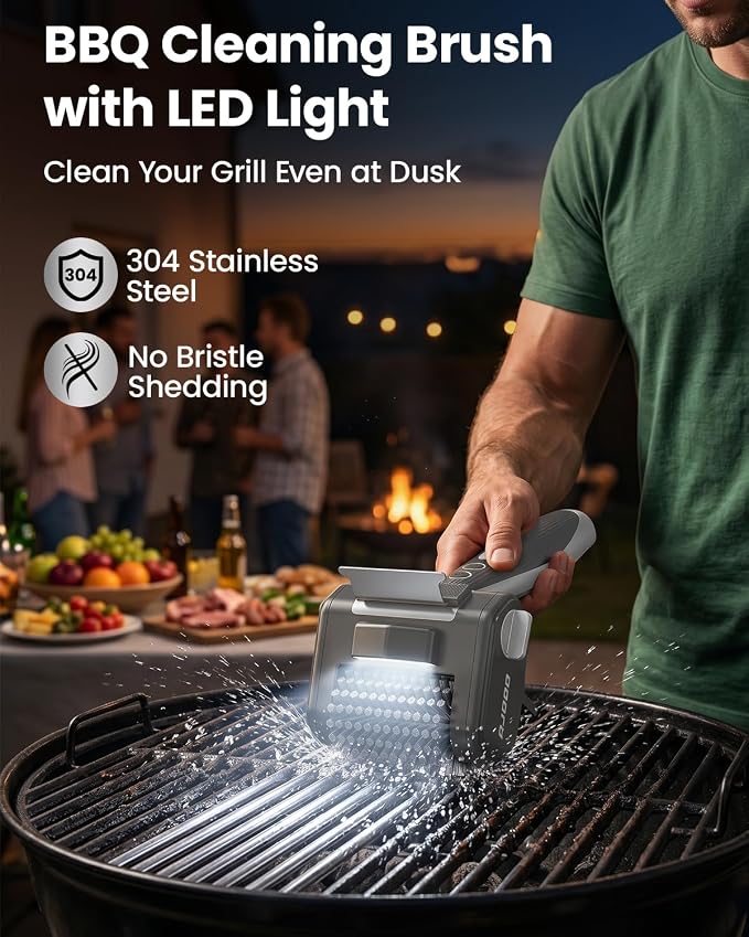 Electric Grill Brush for Outdoor Grill, Cordless BBQ Cleaner with LED Light, Scraper, Dishwasher‑Safe Bristles, 4000 mAh Battery, Rechargeable Power Grill Scrubber (Silver)