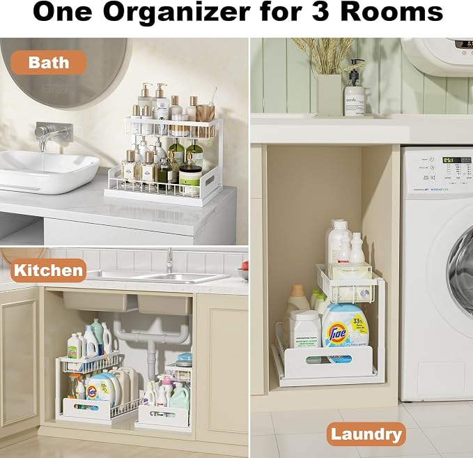REALINN Under Sink Organizer, Pull Out Cabinet Organizer 2 Tier Slide Out Sink Shelf Cabinet Storage Shelves, Under Sink Storage for Kitchen Bathroom Cabinet, White, 1 Pack