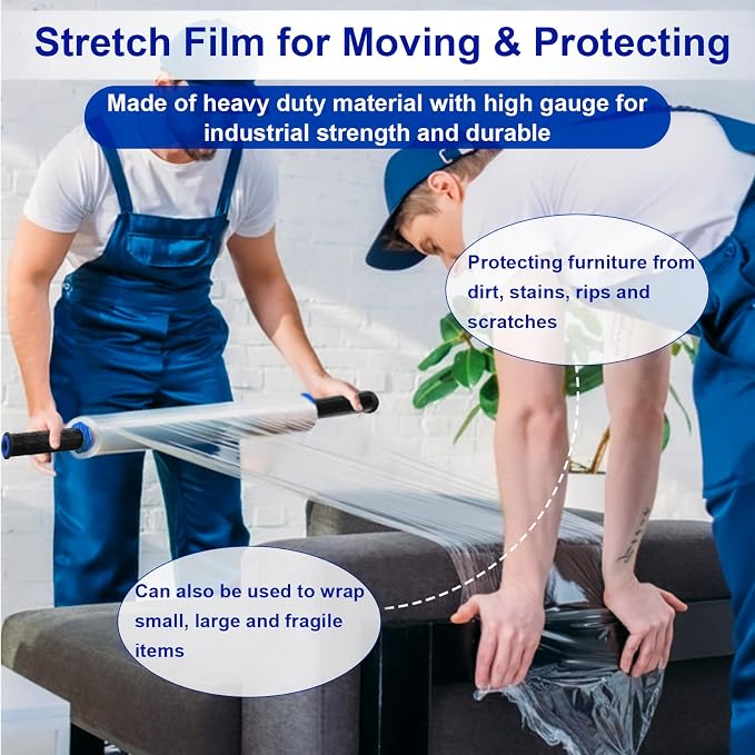 Stretch Film, RAZCC Stretch Wrap Industrial Strength, Shrink Wrap for Pallet Wrap, Heavy Duty Clear Plastic Wrap with Handles, Moving Wrapping Plastic Roll, 15" x 1000 Ft Per Roll, 60 Gauge, 1 Pack