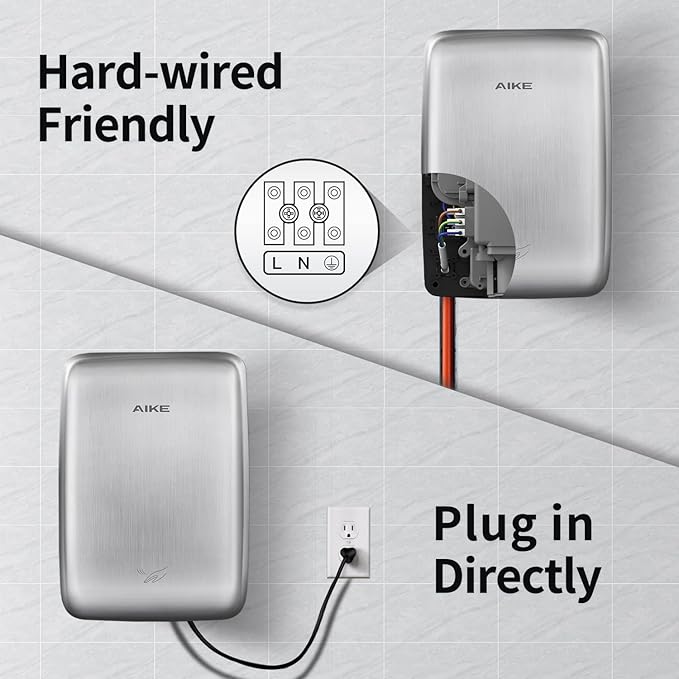 AIKE UL Approved Compact Jet Hand Dryer Hard-Wired Friendly, 1350W 120V Brushed Stainless Steel Model AK2803D