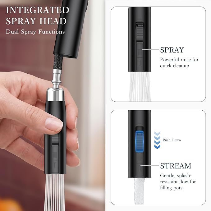 FORIOUS Kitchen Faucet with Hidden Pull Down Sprayer, Black Single Handle | Lead-Free, Stainless Steel, High Arc Sink Faucet with Deck Plate, 1 or 3 Hole Mount for Bar RV Outdoor Laundry Farmhouse