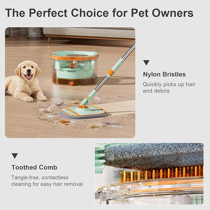 HoMettler Transparent Mop and Bucket Set | Spin Mop with Dual-Tank Clean/Dirty Water Separation | 4 Microfiber Pads | Versatile Mops for Floor Deep-Cleaning