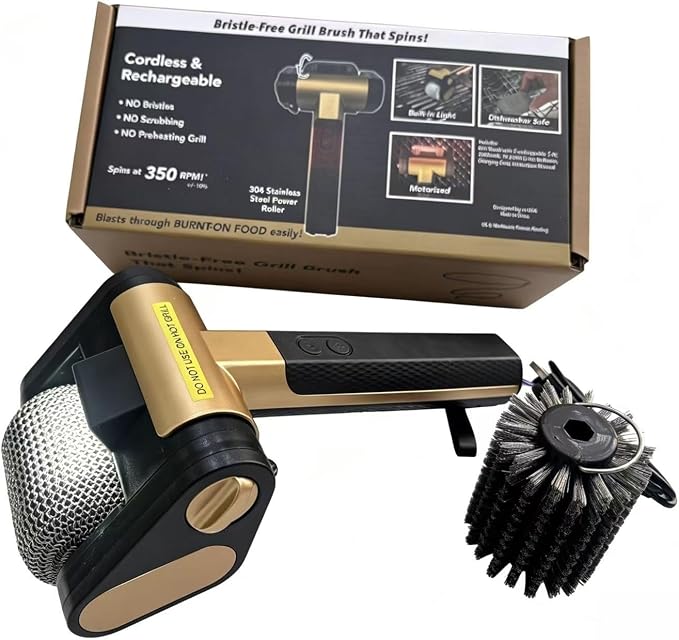 Cordless Electric Grill Cleaner with 2 Interchangeable Brush Heads, 350 RPM Rechargeable BBQ Scrubber with Bristle-Free Stainless Steel Roller + Bristle Brush for All Grills Black Gold