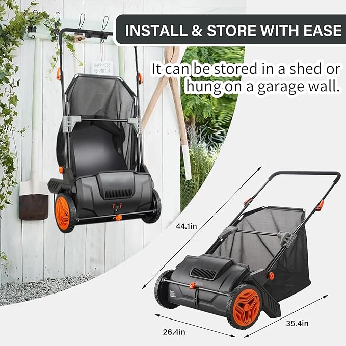 Push Lawn Sweeper, 21-inch Leaf & Grass Collector, Strong Rubber Wheels & Heavy Duty Thickened Steel Durable to Use with Large Capacity 3.5 cu. ft. Mesh Collection Hopper Bag, 2 Spinning Brushes