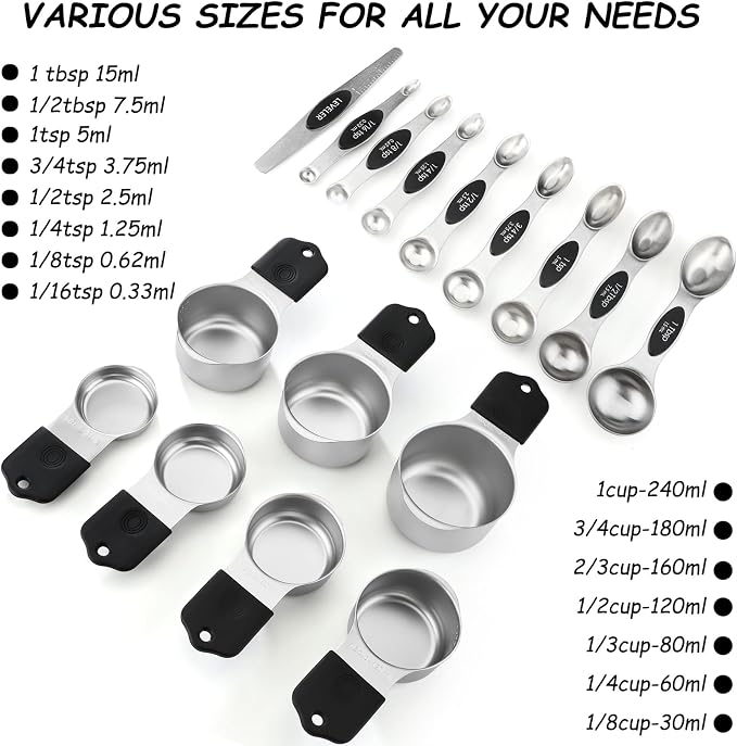 Magnetic Measuring Cups and Spoons Set Stainless Steel Stackable 7 Magnetic Metal Measuring Cup 8 Magnetic Measuring Spoon with Leveler for Dry Liquid Ingredient