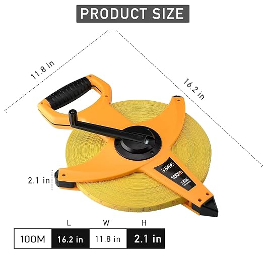 LAND 300FT/91M Heavy Duty Fiberglass Tape Measure - 1/2-Inch Wide, Dual Inch/Metric Scale, Durable Open Reel Measuring Tape for Surveying, Engineering, Runway Construction