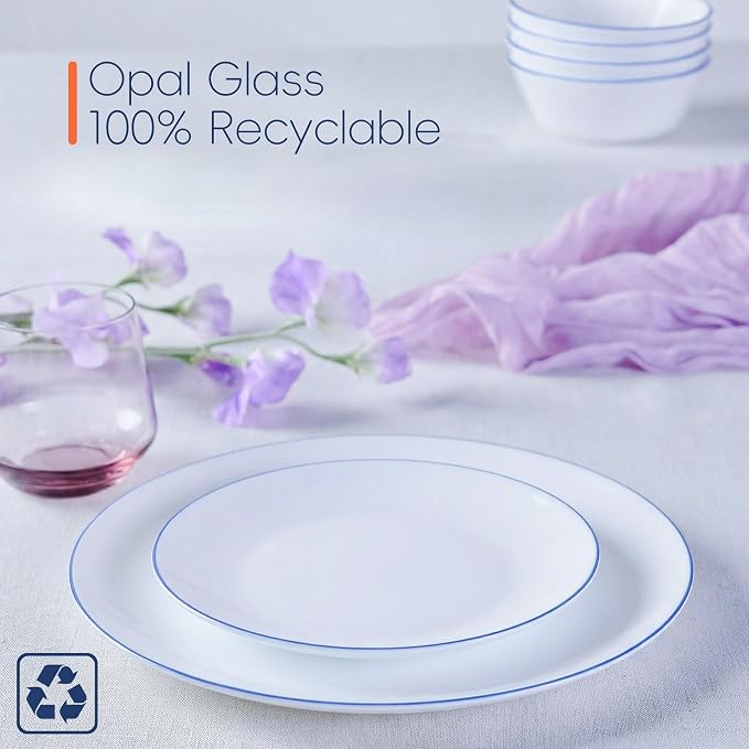 Dinnerware Sets for 4, 12 Piece Navy Blue Rim Opal Glass Set | Plates and bowls with dishwasher and microwave safe design, chip and scratch resistant dishware for stylish dining