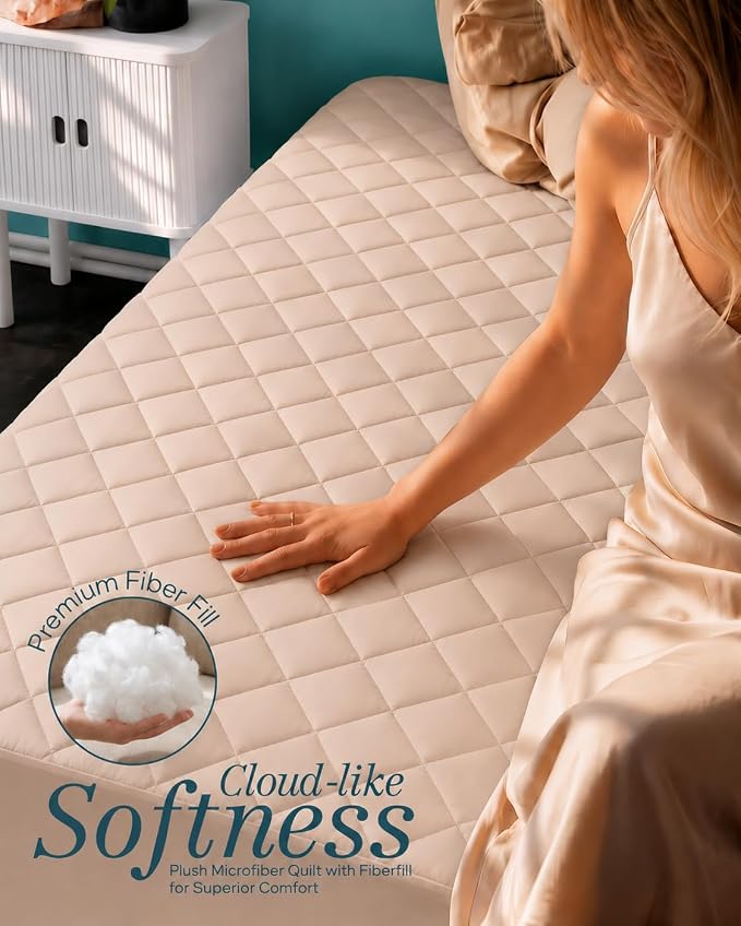 Quilted Fitted Mattress Pad, Full Mattress Protector Topper with Deep Pocket Stretches up to 16 Inches, Machine Washable Mattress Cover by Utopia Bedding (Beige)
