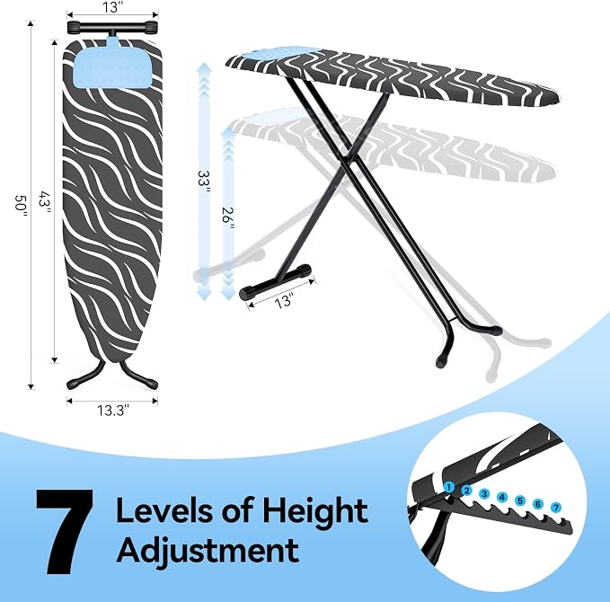 APEXCHASER Ironing Board Full Size, Iron Board with Silicon Rest, Foldable Ironing Boards Standard Size, Heavy Duty Iron Stand Boads, Ironing Table with 7 Height Adjustable Anti-Slip Feet, 13x43 Gray