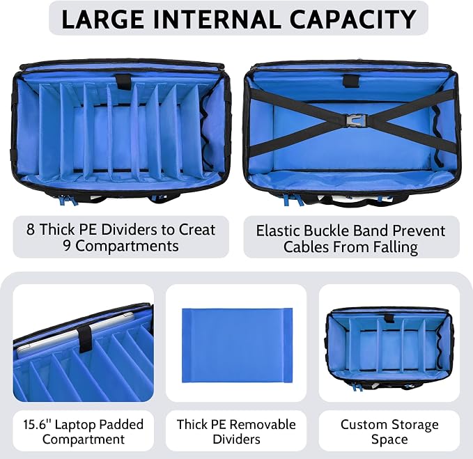 Large Dj Cable Bag with Laptop and Microphone Pocket, Dj Bag for Equipment with 8 Detachable Dividers and Padded Bottom, Dj Gig Bags for Music Gear Accessories, Blue