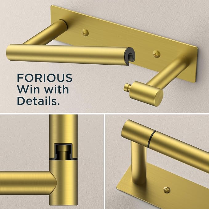 FORIOUS Toilet Paper Holder, Adhesive or Screw Wall Mount Pivoting Tissue Roll Holder, Stainless Steel Self Adhesive Toilet Paper Roll Holder no Drilling (Brushed Gold, Square)
