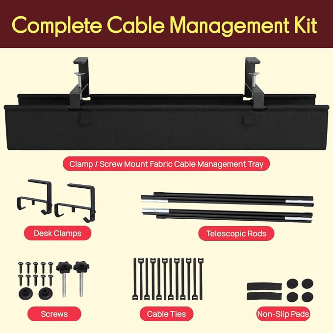 Pyle 48" Under Desk Cable Management Tray, Under Desk Wire Organizer with Clamp or Screw Mount, Desk Cable Organizer with Fabric Design for Large Workstations, Built-in Ties, 20 lb Capacity, Black