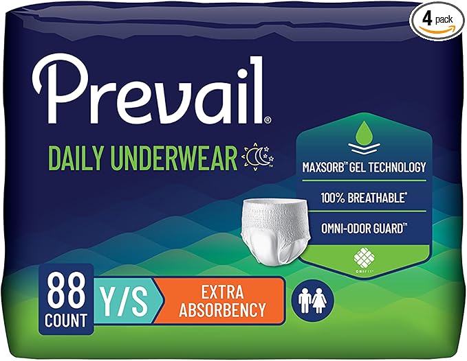 Prevail Daily Protective Underwear - Unisex Adult Incontinence Underwear - Disposable Adult Diaper for Men & Women - Maximum Absorbency - Small - 88 Count (4 packs of 22)