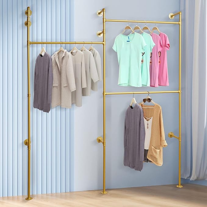 Industrial Pipe Clothing Rack Wall Mounted Clothing Racks 3 Shelves Clothes Organizer with 3 Hanging Rods, Garment Rack for Homes, Laundry Room, Hotels (Gold)
