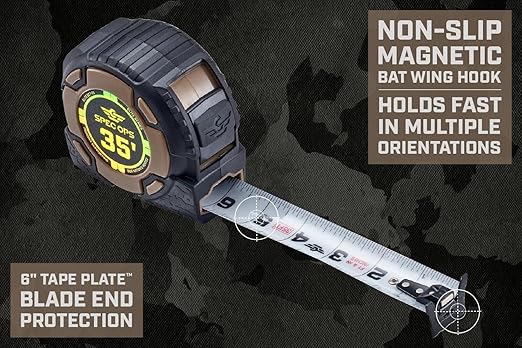 Spec Ops Tools Elite Series Tape Measure for Measuring & Layout, 1 1/4" Double-Sided Blade, Heavy Duty Military-Grade Composite Case, 35 Foot Magnetic