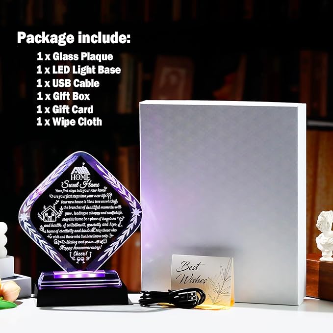 Arikyrist Crystal New Home Gifts for Women Men Housewarming Gift for Friends with LED Light Base Sweet House Warming Ideas Keepsakes for Couples Home Decoration
