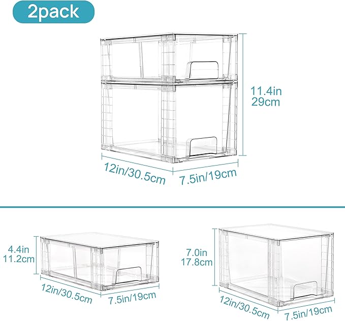 Vtopmart 8 Pack Clear Stackable Cabinet Organizers with Pull-Out Drawers, Clear Storage Drawers, 6 Medium and 2 Small for Under Sink, Pantry, Bathroom, Closet and Kitchen Storage