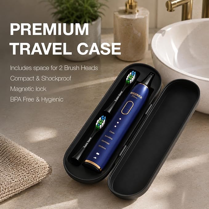 Wagner Stern IntelliBrush Series Whitening Electric Toothbrush with Pressure Sensor. Offers 4 Brushing Modes, 3 intensities, 8 Soft Brush Heads, and a Luxury Travel case.