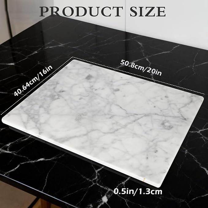 Marble Cutting Board for Kitchen 20×16 Inch Italian Carrara White | Natural stone, 0.59" thick, non-slip feet, stay cool for dough/butter, ideal for pastry, cheese, charcuterie, pizza, bread