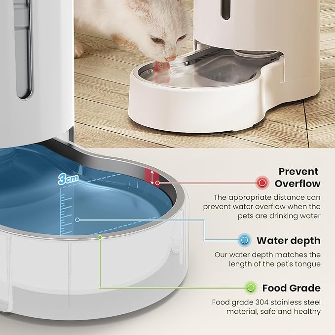 CZPET Elevated Dog Water Bowl Dispenser (8L+Stand+Mat, White) | With Stainless Steel Bowl Gravity Waterer, Large Capacity and Drinking Area Noise-Free for Pets