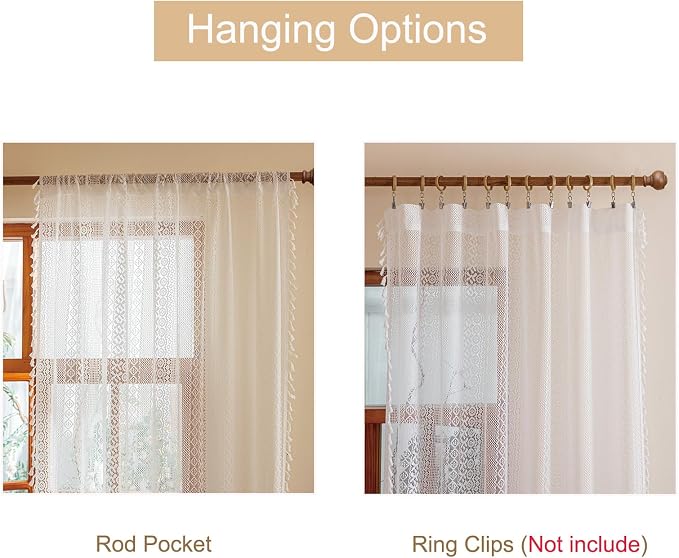 Sutuo Home White Boho Lace Curtains 96 inches Long for Living Room Dining Room, Vintage Tassels Semi Sheer Curtains Farmhouse Privacy Cream Rustic Victorian Style Rod Pocket Decor, 2 Panels 50" W