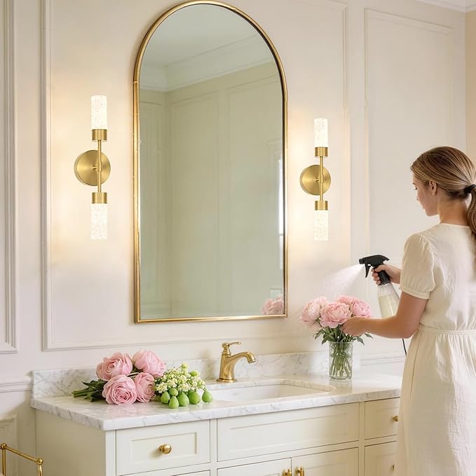 Brushed Gold Wall Sconces Set of 2, Hardwired 3000k Crystal Bathroom Sconces, Modern Sconces Wall Light Fixtures, Bathroom Vanity Light Fixtures Wall Decor Bathroom Mirror Living Room Hallway Bedroom
