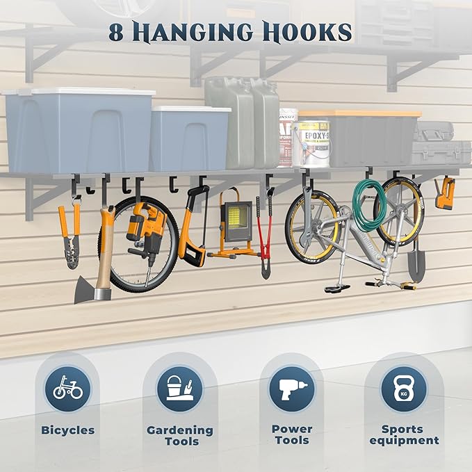 Jusgym 2-Pack 1.5x4ft Garage Shelving Wall Mounted, 1.5' x 4' Heavy Duty Garage Storage Shelves with Hooks, 500LB Capacity