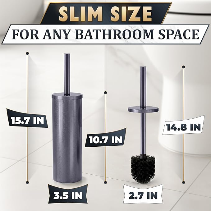 Graphite Metallic Stainless Steel Toilet Brush and Holder Set - Toilet Bowl Brush and Holder with Splash Cover, Sturdy Bristles, Corrosion & Scratch Resistant - Elegant Design, Effective Deep Cleaning