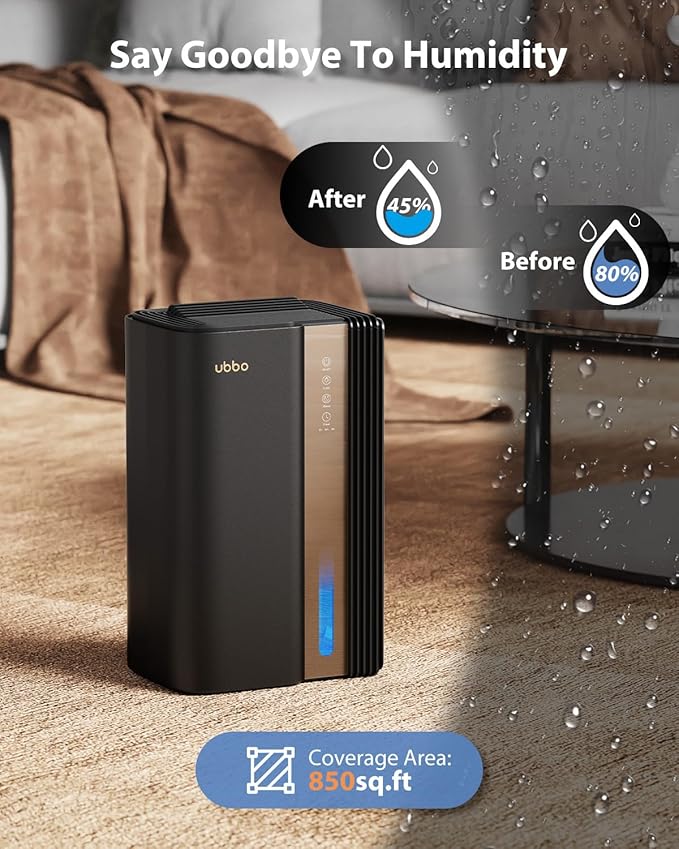 UBBO 95oz Dehumidifiers for Home, 1000 Sq.Ft Dehumidifier with Drain Hose - Auto Shut Off, Timer, Sleep Mode & Drain Hose - 7 Color Light for Bedroom, Bathroom, RV - Black Gold
