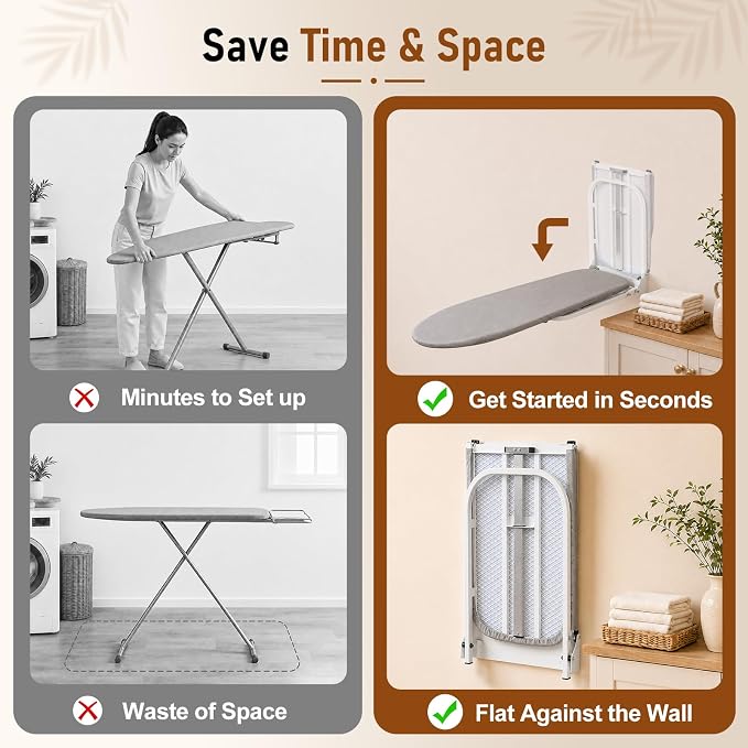 Wall Mounted Folding Ironing Board, Gray | Space Saving Ironing Board with Heat Resistant Cover, Compact Foldable Iron Board for Small Space Home Laundry Room