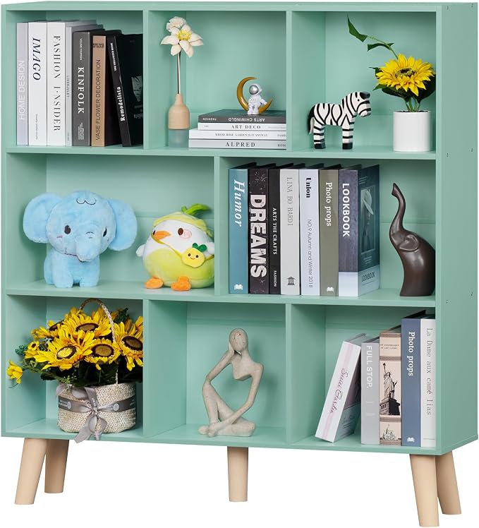 LEYAOYAO 8 Cube Bookshelf, Mid-Century Modern Book Shelf with Legs, Green | 3 Tier Bookcase, Rustic Wood Bookshelves Freestanding Large Storage Organizer, Open Shelves for Bedroom, Living Room, Office