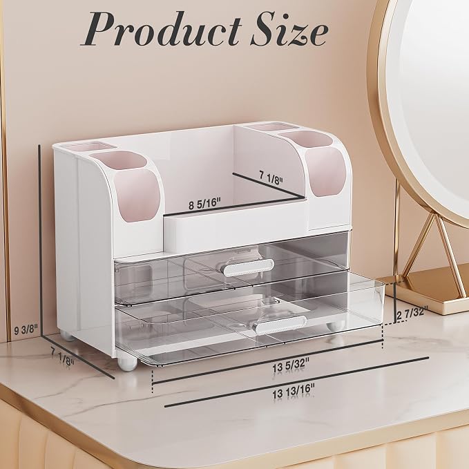 Delamu Large Makeup Organizer Countertop with 6 Brush Holders, Makeup Organizers for Vanity with 2 Large Drawers, Easy to Store Skincare, Lipsticks, Nail Polishes, Perfumes, Eyeshadow Palettes, White