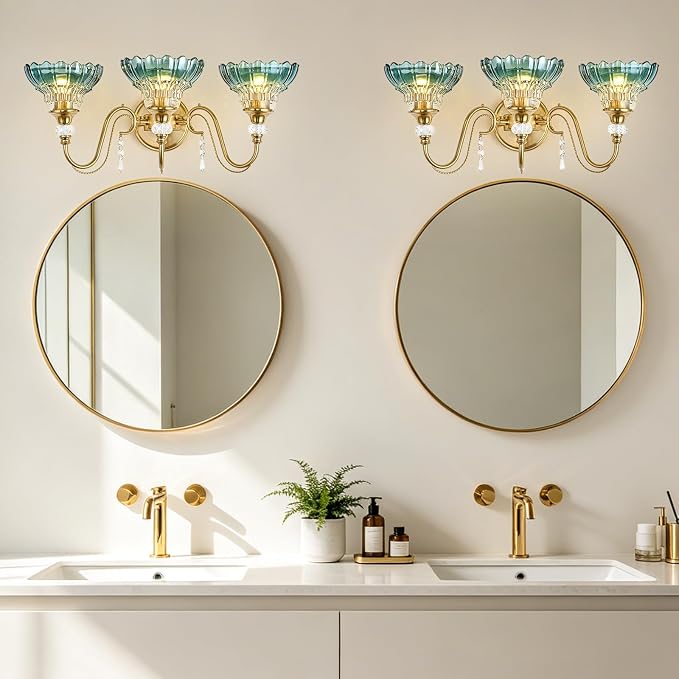 Vintage Bathroom Vanity Light, 3-Light Brushed Gold Finish Wall Sconce with Hanging Crystal Accents and Flower-Shaped Teal Glass Shades, Retro Wall Mount Vanity Light Over Mirror for Bathroom