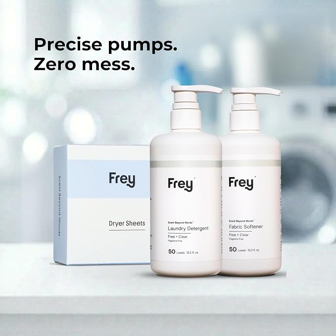 FREY The Complete Package - Concentrated Liquid Laundry Detergent, Fabric Softener, & Dryer Sheets (Fragrance-Free)