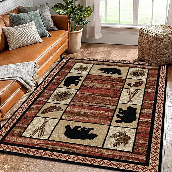 Vintage Cabin Bear Area Rug for Dining Room Low Profile Wildlife Plants Pattern Patchwork Rugs Guest Room Decor Floor Carpet 4'x6'