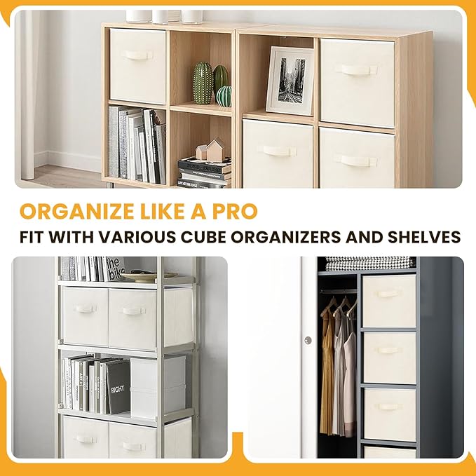 Large Storage Cubes, 13 Inch Cube Storage Bins for Shelves Closet Nursery Bedroom - 10 Pack Collapsible Storage Baskets with Handles - Fabric Bins for Organizing Magazines Clothes Toys (Beige)
